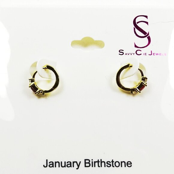 SAVVY CIE JEWELRY January Birthstone Gold Plated Red & Clear CZ Hoop Earrings - Picture 3 of 7